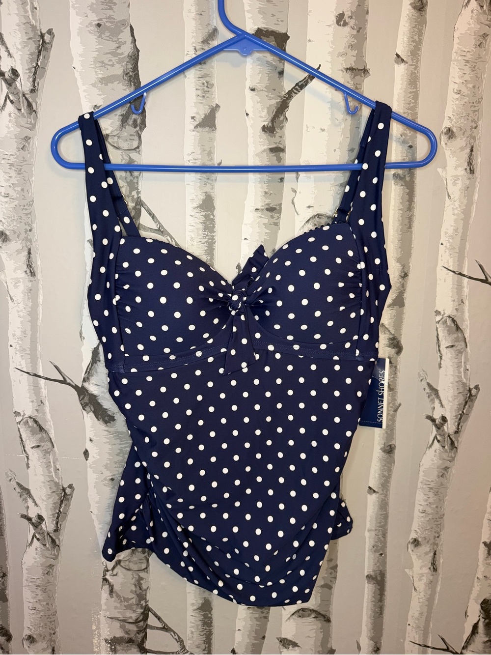 Navy Polka Dot Tankini Top with Front and Back Knot
